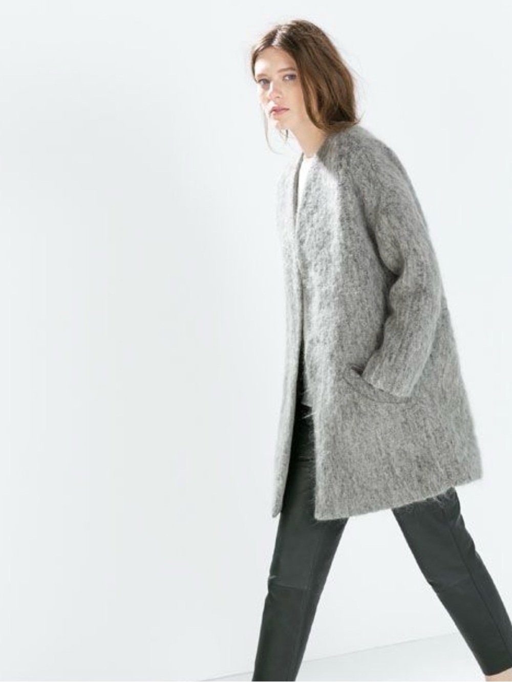 Zara Light Grey Fuzzy Open-Front Women's Cardigan Coat